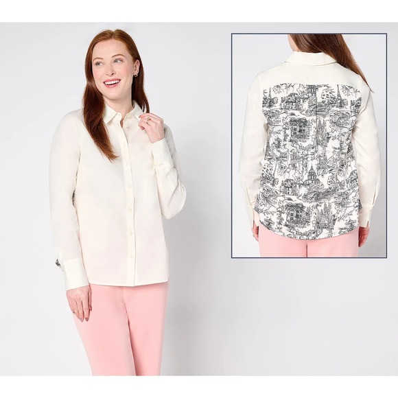 BEAUTIFUL by Lawrence Zarian Tops - BEAUTIFUL by Lawrence Zarian Button Front Shirt with Printed Back Ivory M {#157R